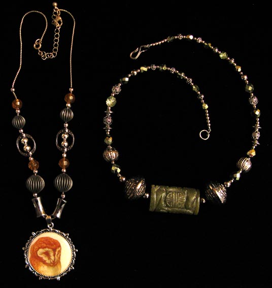 [Carolyn's owl and jade necklaces]